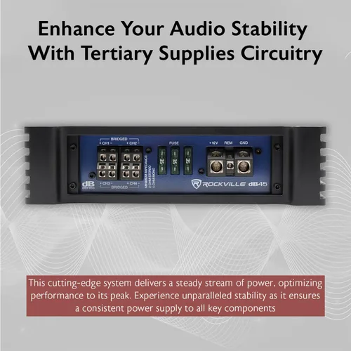 Vista 4 de Rockville dB45 3200W 4-Canal 2-Ohm Amplificador de Coche, MOSFET de Alta Velocidad, Crossover Ajustable, LED, Control Remoto de Subwoofer, Perfecto
