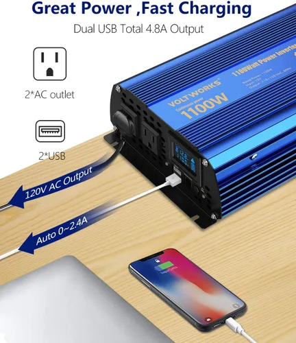 Vista 3 de Inversor de potencia 1100 vatios 12V DC a 110V 120V AC, inversor de 1000 W con pantalla LCD, control remoto, 2 tomas de CA, puertos USB duales