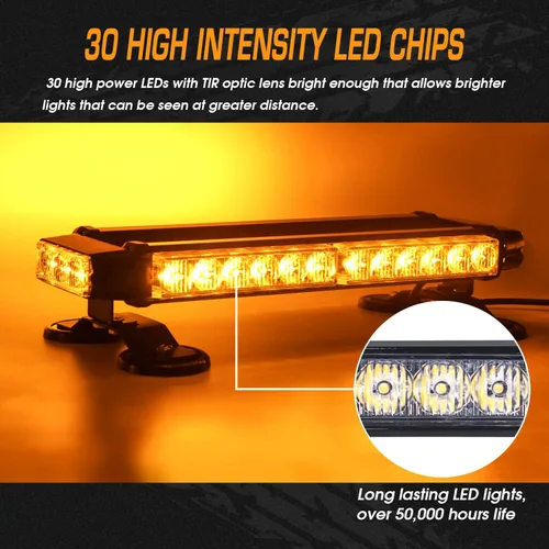 Vista 2 de LINKITOM Roof Top LED Strobe Light Bar -Double Side Amber 30 LED Emergency Hazard Safety Warning Flashing Beacon Lighting Bar with Magnetic Base for
