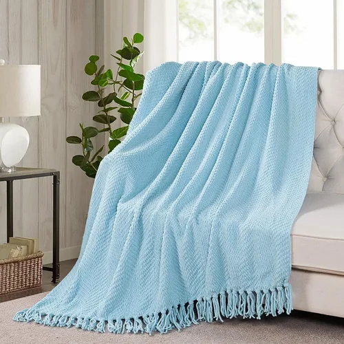 Vista 3 de Manta de punto suave con textura para sofá, manta de tweed crema con borlas de flecos para decoración del hogar, cama, sofá, silla, 50 x 60 Blanco