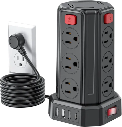 Vista 12 de Tira de alimentación protectora de sobretensiones, cable de extensión de 10 pies con 12 tomas múltiples de CA 4 USB (1 USB C), estación de carga