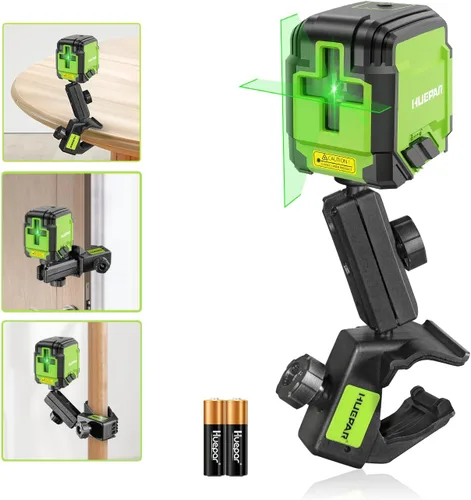 HUEPAR - Nivel láser con abrazadera, nivel láser autonivelante de 98 pies, línea verde, herramienta niveladora láser de línea cruzada para colgar