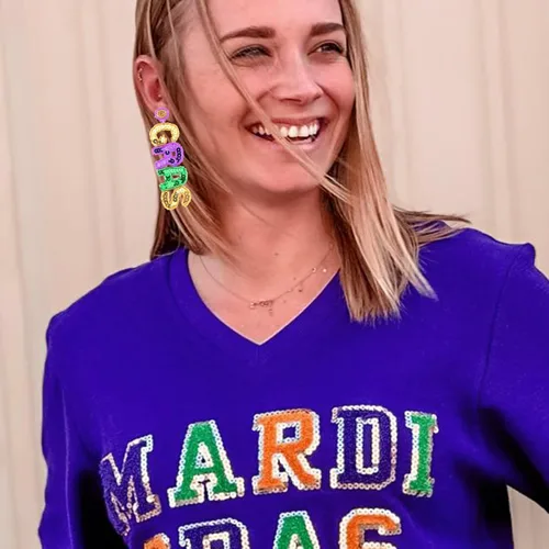 Vista 2 de Aretes de Mardi Gras con cuentas de Mardi Gras para mujeres y niñas, aretes de carnaval, joyería para desfile de carnaval, regalos de vacaciones