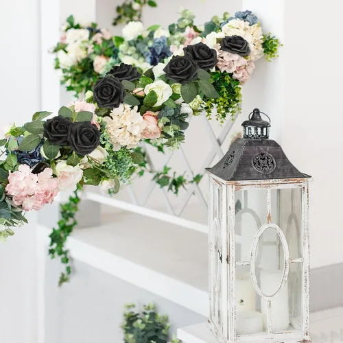 Vista 6 de Mocoosy - 50 unidades de rosas artificiales negras, rosas falsas para decoraciones, rosas de espuma de tacto real a granel con tallos para ramos