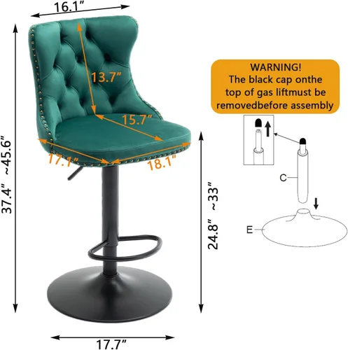 Vista 142 de Taburete de bar giratorio con respaldo copetudo, taburetes de bar ajustables en altura de mostrador, ribete de cabeza de clavo, silla de bar