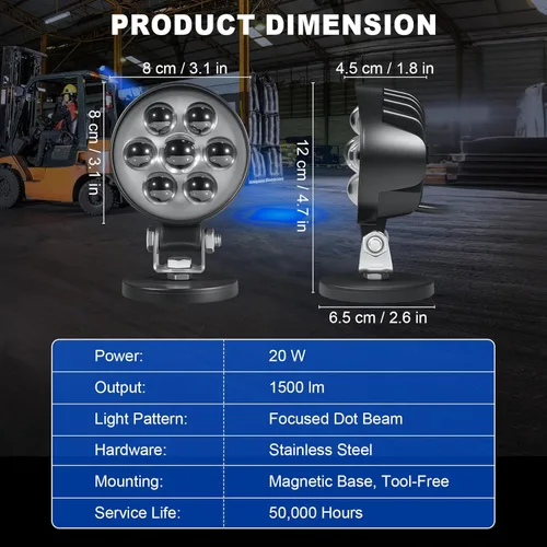 Vista 6 de Luz de seguridad LED para montacargas azul con foco y montaje magnético, voltaje amplio DC10–80V, IP68 impermeable, carcasa de aluminio, advertencia