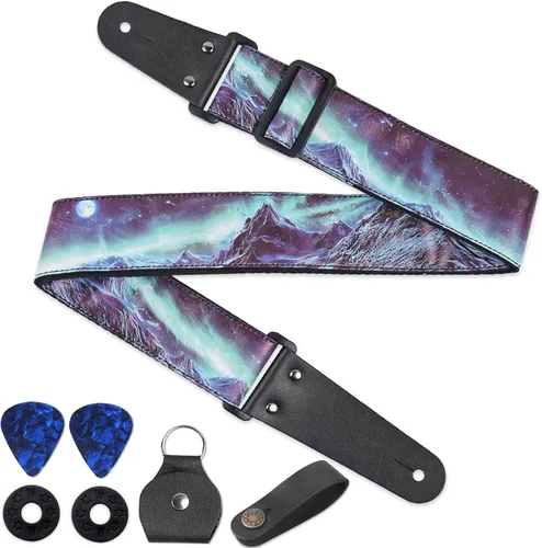 Vista 10 de QIELIZI Correa ajustable para guitarra incluye 2 cierres de correa y 2 púas a juego y 1 portapúas y 1 botón de correa de cuero.