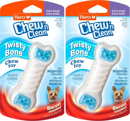 Vista 9 de Hartz Chew 'n Clean Twisty Bone - Juguete masticable para perros con aroma a tocino para masticadores moderados, extra pequeño
