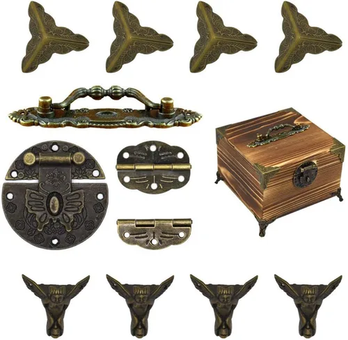 Vista 8 de Cierre de pestillo antiguo para caja de joyería, bisagras, mango, protectores de esquina, kit para bricolaje, tono bronce, 2 juegos, 24 piezas