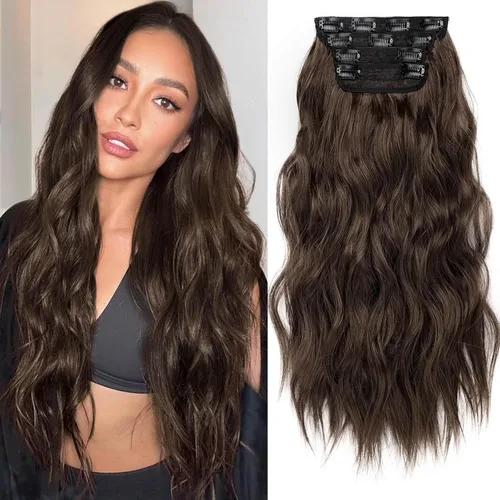 Vista 56 de KooKaStyle Extensiones de cabello sintético con pinzas, largo, ondulado, grueso, balayage, marrón chocolate a rubio caramelo, fibra 10H26