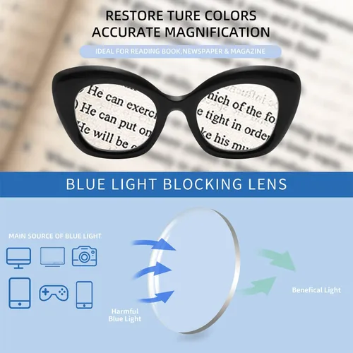 Vista 4 de Gafas de lectura de ojo de gato de gran tamaño para mujer, lentes de bloqueo de luz azul para computadora, estilo retro negro
