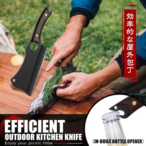 Vista 6 de ROCOCO - Cuchillo de carnicero para carne con vaina - Cuchillo de corte de carne forjado a mano con funda para BBQ al aire libre, camping, idea