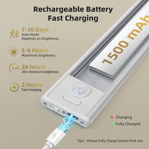 Vista 6 de Paquete de 4 luces para debajo del gabinete, luz recargable con sensor de movimiento para interiores, luces magnéticas inalámbricas regulables, 32