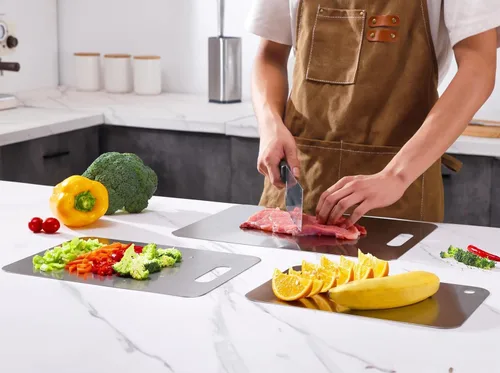Vista 4 de Tabla de cortar de acero inoxidable 304 para cocina, alimentos de doble cara para carne, verduras, masa de frutas y tabla de preparación