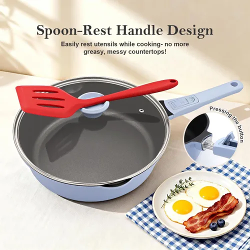 Vista 5 de Sartén antiadherente de 10 pulgadas de profundidad con tapa, sartén antiadherente de 4 cuartos de galón, utensilios de cocina no tóxicos, compatible