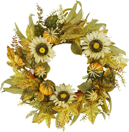 Vista 10 de YNYLCHMX Coronas de otoño de 18 pulgadas para puerta delantera, corona de otoño artificial, corona de puerta de otoño con hojas de eucalipto y sorgo