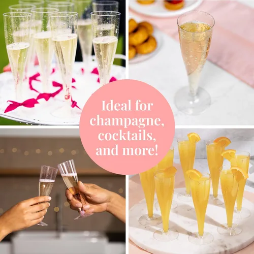 Vista 6 de Prestee 200 Flautas de Champán Desechables con Purpurina Dorada - Copas de Champán de Plástico de 4.5 Oz para Fiestas, Brindis de Boda, Barra