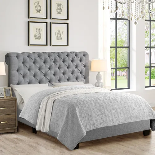 Vista 30 de Rosevera Gideon - Marco de cama tapizado de tela con cabecera ajustable, estilo Chesterfield, soporte de listones de madera, fácil montaje