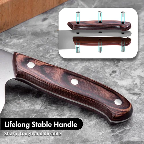 Vista 5 de SHI BA ZI ZUO cuchillo chino de carnicero, cuchillo de carne de 6.7 pulgadas, cortador de acero inoxidable, mango de madera con peso moderado