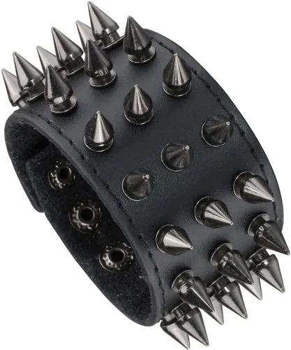Vista 5 de MILAKOO 2 pulseras negras para cinturón, cuerda de cuero, pulsera punk rock negra de 6 a 8 pulgadas