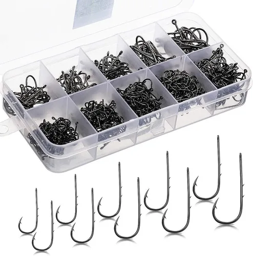 Vista 8 de DONQL Ganchos de soporte de cebo, 600 piezas de ganchos de pesca de púas 3#-12 # Kit de anzuelos de pesca con mosca, accesorios de pesca con mosca