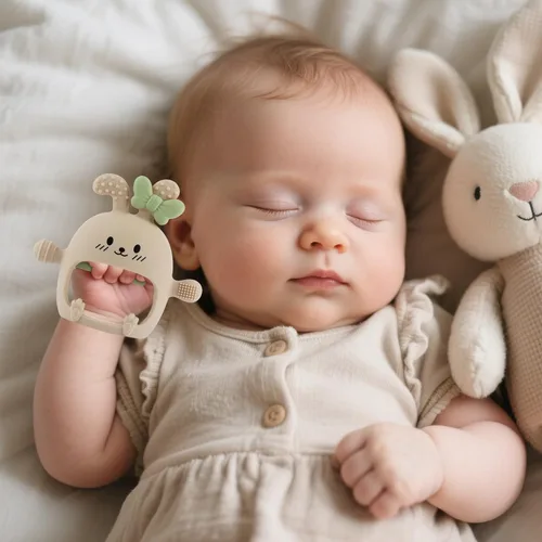 Vista 6 de Chuya Juguetes mordedores de conejito para bebé, alivio de la dentición, conejos texturizados, juguetes masticables de silicona para 0-6, 6-12