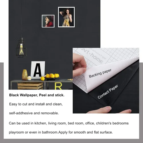 Vista 3 de Arthome - Papel adhesivo negro de 11.8 x 100 pulgadas, papel tapiz autoadhesivo impermeable de vinilo de PVC brillante, a prueba de aceite, papel