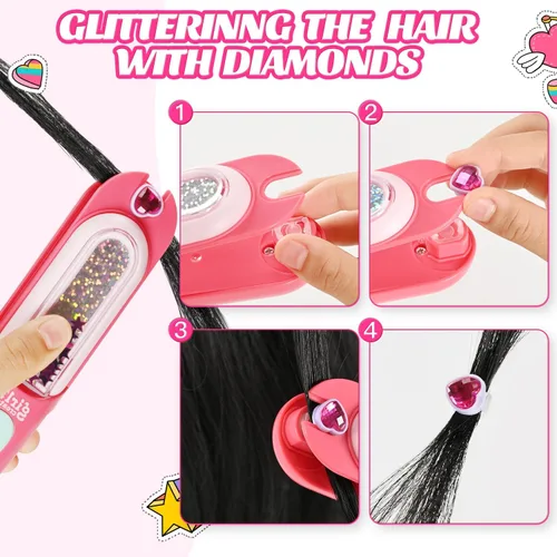 Vista 4 de Kit de sellos de gemas para el cabello, joyas brillantes para el cabello para niñas, herramienta de peinado con diamantes brillantes reutilizables