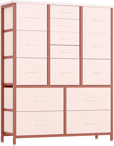 Vista 8 de Patikuin Cómoda para dormitorio con 15 cajones, cómoda alta y cómoda, cómoda de almacenamiento de tela para armario, pasillo, sala de estar, rosa