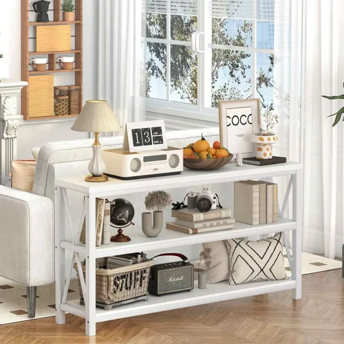 Vista 7 de FATORRI Mesa consola para entrada, mesa de sofá larga con estantes debajo de la ventana, mesas de pasillo de madera y metal para vestíbulo
