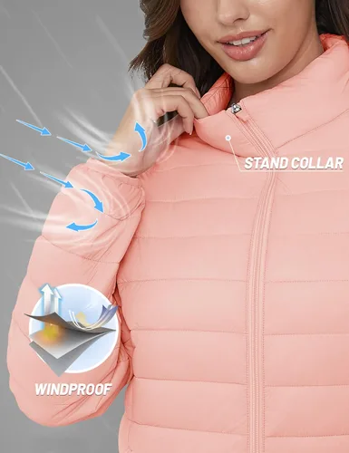 Vista 4 de MAGCOMSEN Chaqueta acolchada ligera para mujer, con 4 bolsillos, con cremallera, cuello alto, forro polar de invierno
