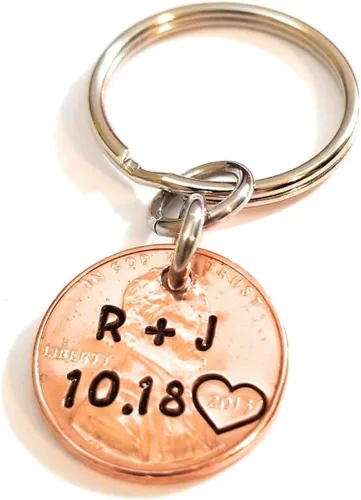 Vista 3 de Tucker's Trinkets And Treasures Personalized Anniversary Year Penny Key Chain, Anniversary Date, Name, Initials, Personalized