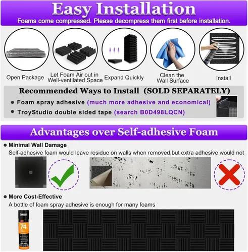 Vista 6 de TroyStudio Paneles de espuma acústica gruesos, 12 x 12 x 3 pulgadas, 4 piezas de espumas absorbentes de sonido de banda ancha, azulejos acolchados