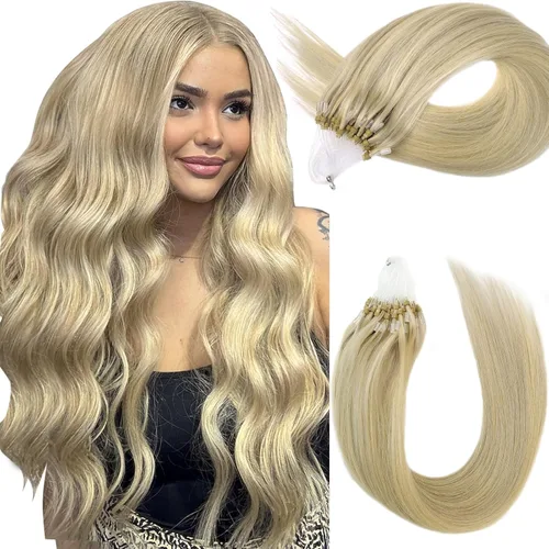 Vista 21 de Extensiones de cabello humano con punta en I de 14 pulgadas #16/60, color rubio con reflejos dorados y marrón grisáceo mezclado, extensiones