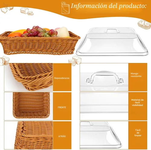 Vista 4 de Mumufy Paquete de 2 cestas de mimbre grandes para pan con tapa acrílica, regalo de inauguración de la casa, cesta rectangular de imitación de ratán
