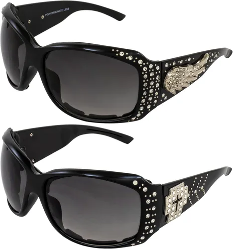 Rodeo Queen 2 pares de lentes de sol de motocicleta para mujer, montura negra acolchada con diamantes de imitación brillantes y lentes degradados
