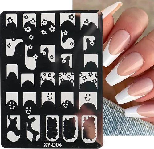 Vista 6 de Juego de 6 plantillas de estampado de uñas con líneas francesas, flores, hojas, diseño de corazón sonriente, kits de estampado artístico