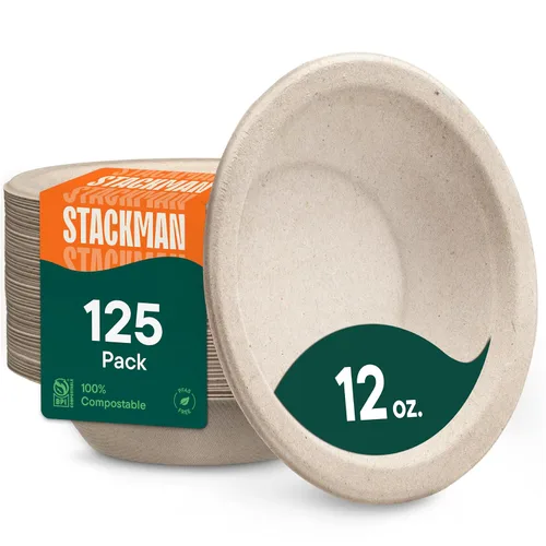 Stack Man Cuencos de Papel, Cuencos de Sopa Desechables 100% Compostables [Paquete de 125] 12 oz. Resistentes, Ecológicos, Biodegradables de Bagazo,