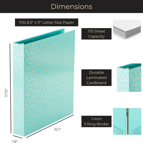 Vista 6 de BLU MONACO Aqua - Juego de 2 carpetas de 3 anillas Carpeta decorativa de 1 pulgada con cubierta tejida de lámina dorada, clips y bolsillos fáciles