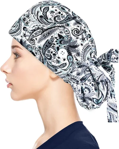 Vista 13 de Fesciory - Gorras de trabajo ajustables con botón y banda para el sudor, gorras con bolsa para cola de caballo para mujer, para cabello largo
