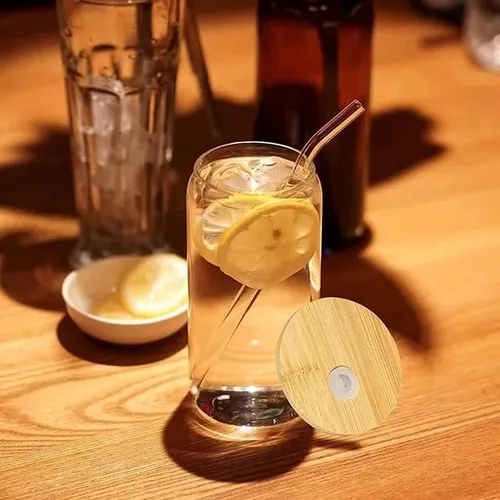 Vista 3 de Vasos de vidrio con tapas y pajitas de bambú, juego de 2 vasos de cerveza en forma de lata, vaso de vidrio de 16 onzas, juegos de vasos para beber