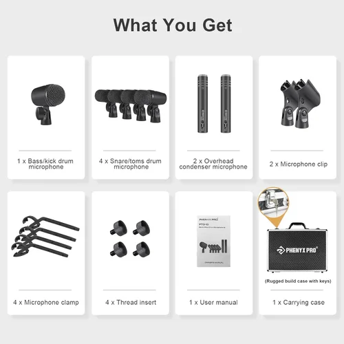 Vista 6 de Phenyx Pro Kit de micrófono de batería, juego de micrófono dinámico con cable de metal completo de 7 piezas para platillos bajos/tom/trampa/Hi-hat