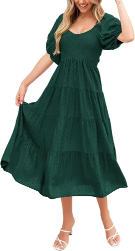 PRETTYGARDEN Vestido midi casual de verano para mujer, manga abombada, lunares suizos, vestidos largos acampanados