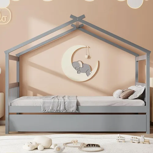 Vista 208 de Merax Cama de madera de tamaño individual con dos cajones, marco de cama de madera con techo para niños, adolescentes, niños o niñas, gris