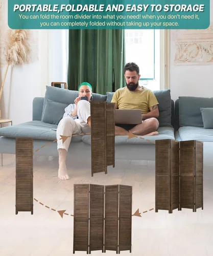 Vista 5 de Divisor de habitación plegable de 4 paneles de 69 pulgadas de alto, pantallas de privacidad portátiles de madera maciza independiente