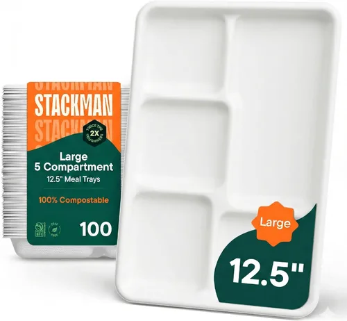 Vista 10 de Plato de papel 100% compostable, paquete de 125 unidades bandeja de 5 compartimientos desechable de calidad resistente, ecológica hecha de fibras