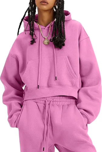 Vista 14 de COZYPOIN Conjunto de 2 piezas de forro polar para mujer, sudadera corta y pantalones con capucha Beige