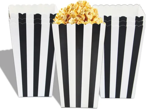 Mini cajas de papel para palomitas de maíz a rayas blancas y negras, cajas de golosinas, caja de regalo de cumpleaños, cajas de aperitivos, cajas de