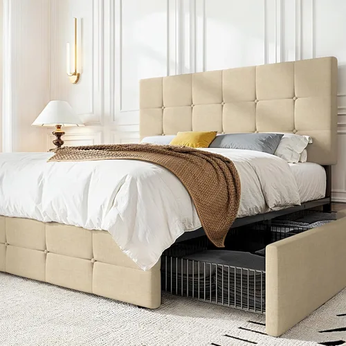 Vista 28 de HOOMIC Base de cama de almacenamiento de plataforma de tamaño matrimonial con 4 cajones y cabecera ajustable, listones de madera, no necesita