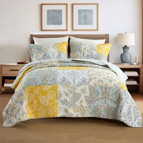 Vista 20 de ABREEZE Juego de edredón de retazos, ropa de cama tamaño Queen, reversible, transpirable, colorido, colcha acolchada floral con fundas de almohada
